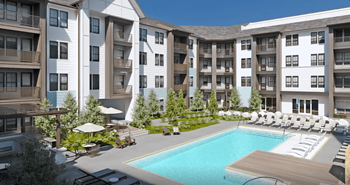 a swimming pool in front of an apartment building